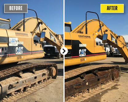 CAT excavator with sun-faded yellow paint before and after restoration with the Equipment Restore Kit