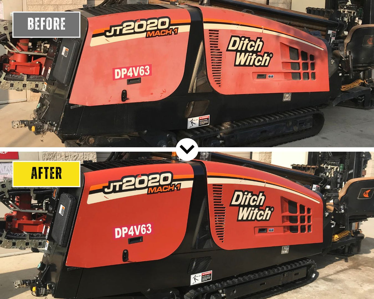 Ditch Witch JT2020 drill with faded orange paint before and after the Equipment Restore Kit