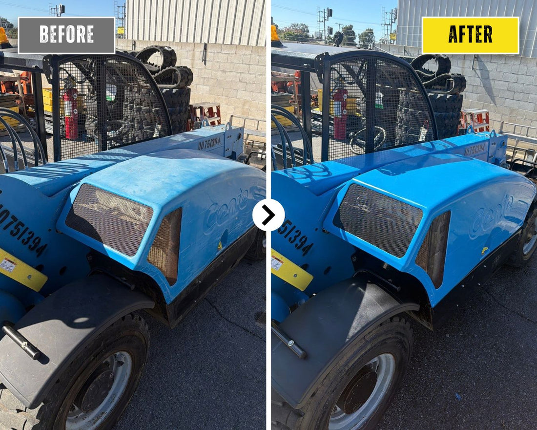 Genie telehandler with faded blue paint before and after the Equipment Restore Kit, no repaint