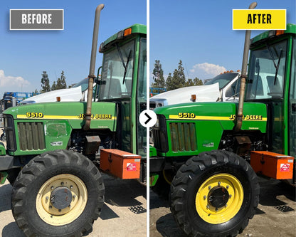 John Deere 5510 tractor with chalky green paint before and after the Equipment Restore Kit