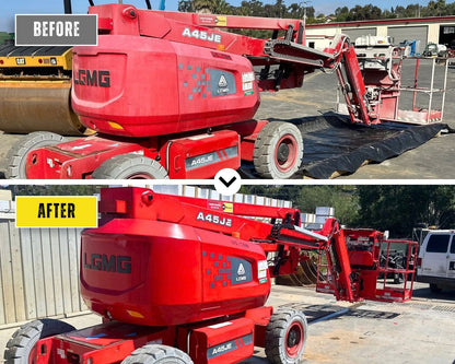 LGMG A45JE boom lift with oxidized red paint before and after the Equipment Restore Kit